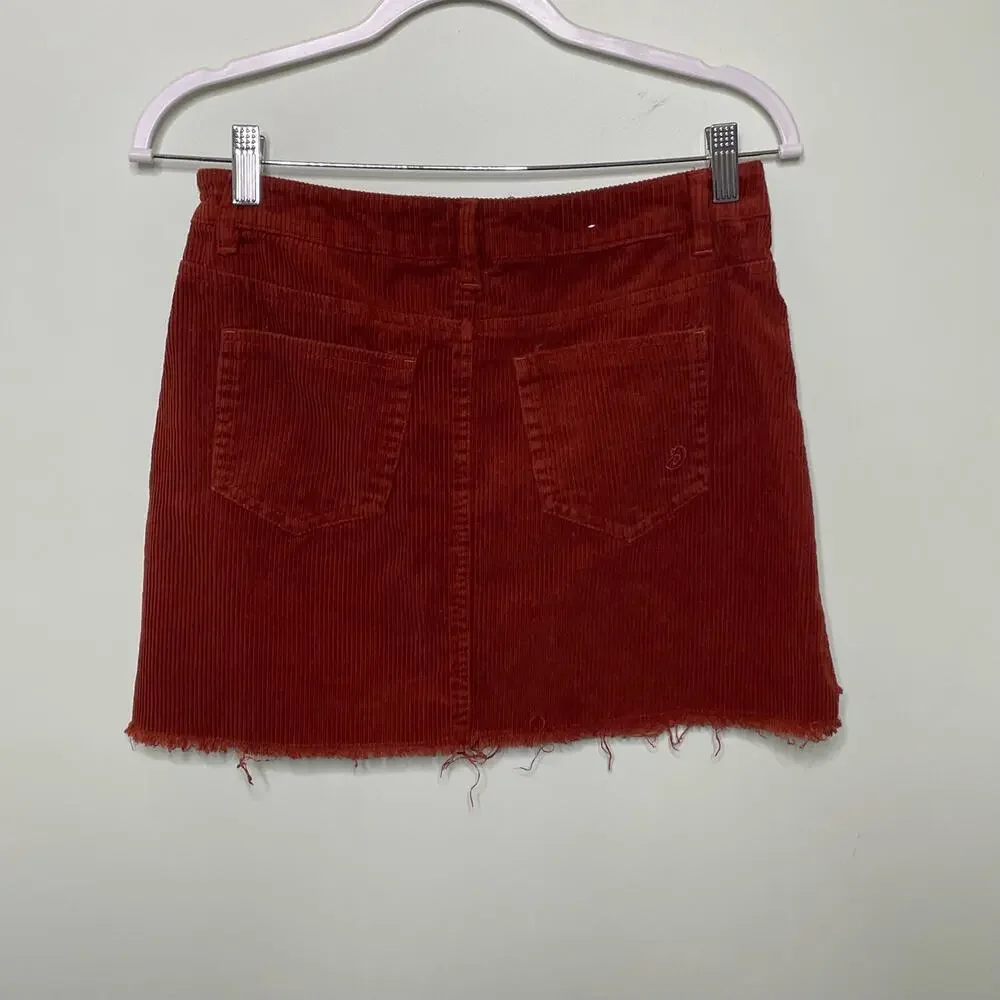 Indigo Rein Corduroy A-Line Mini Skirt Button Front Raw Hem Burnout‎ Orange 3/25